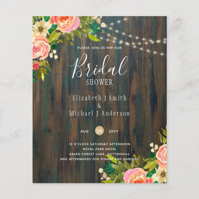 Flyer Chá de panela De Casamento Floral Rustic Wood Pink (Frente)