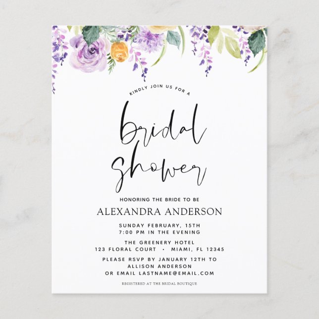 Flyer Chá de panela de Orçamento Verde Roxo Botânico (Frente)