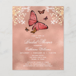 Flyer Chá de panela Floral de Borboleta Dourada Rosa de