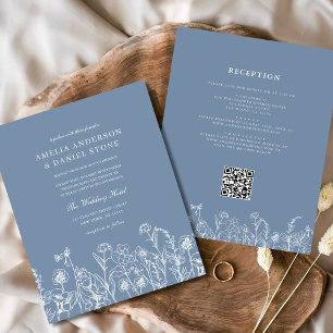 Flyer Chamada de Casamento de Código QR Azul de Flor Sel