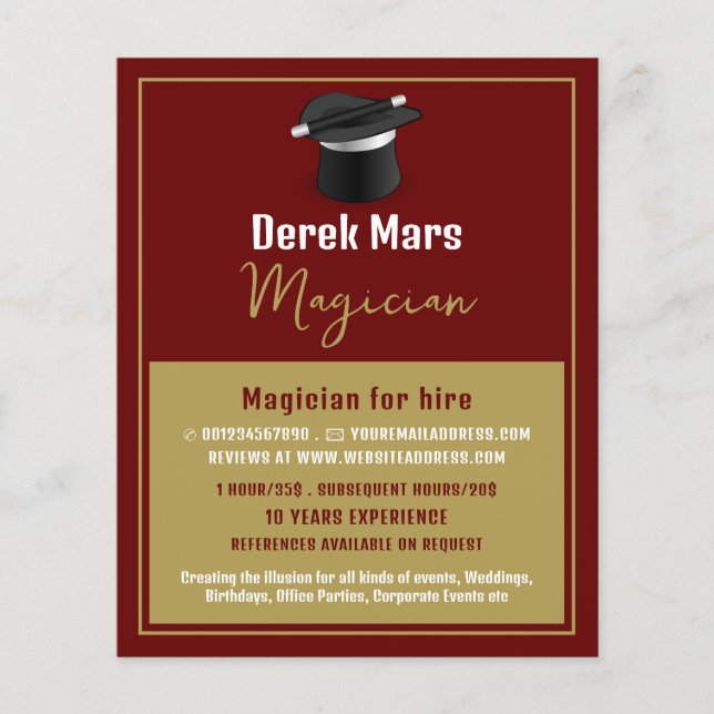 Flyer Chapéu e varinha mágico, propaganda mágica (Frente)