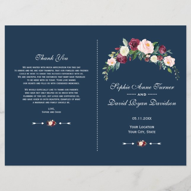 Flyer Charm Burgundy Blush Floral Blue Wedment (Frente)