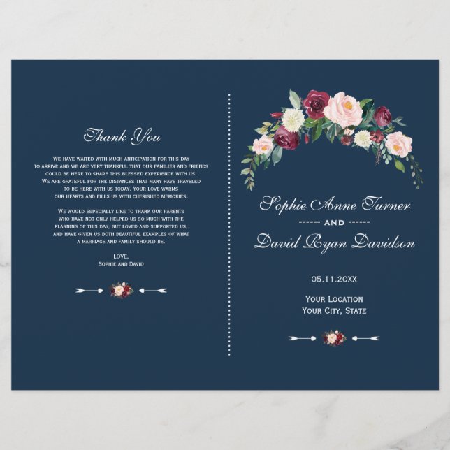 Flyer Charm Burgundy Blush Floral Blue Wedment (Frente)