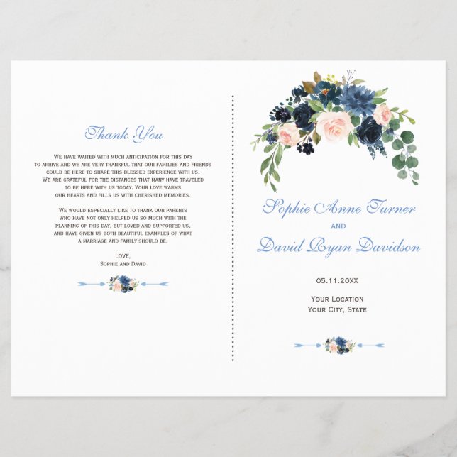 Flyer Charm Navy Blue Blush Flowers Bloom Program (Frente)