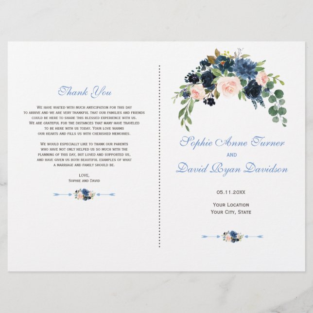 Flyer Charm Navy Blue Blush Flowers Bloom Program (Frente)