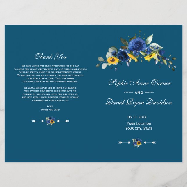 Flyer Charm Sunflowers Blue Floral Wedding Program (Frente)