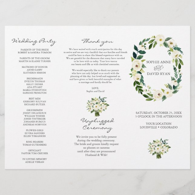 Flyer Charm White Floral Wreath Tri+Fold Weding Program (Frente)