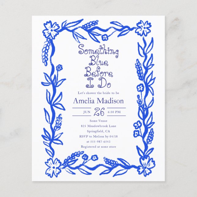 Flyer Cheap Something Blue Flower Bridal Shower (Frente)