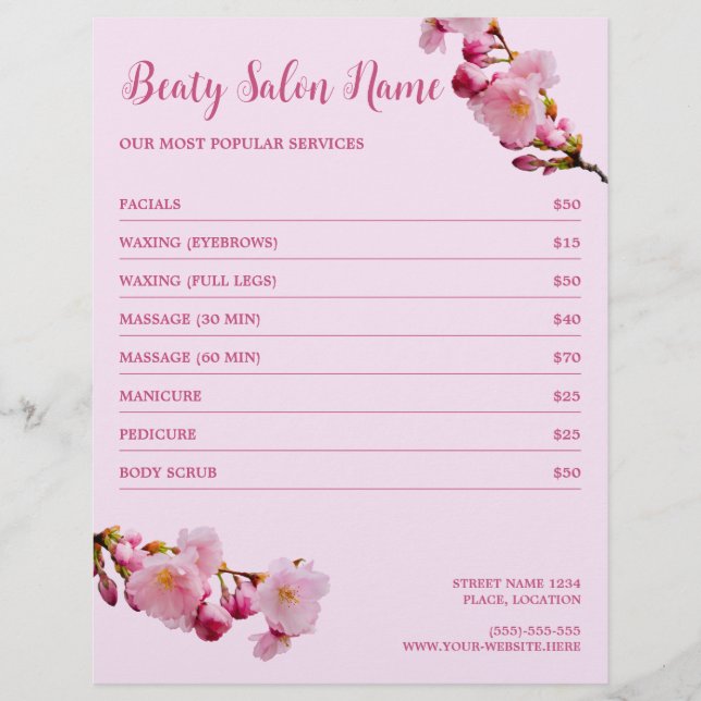 Flyer Cherry Blossom Beauty Salon Services Price List (Frente)