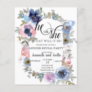 Flyer Chic Aquarela Rosa Azul Flor Revelação do Sexo