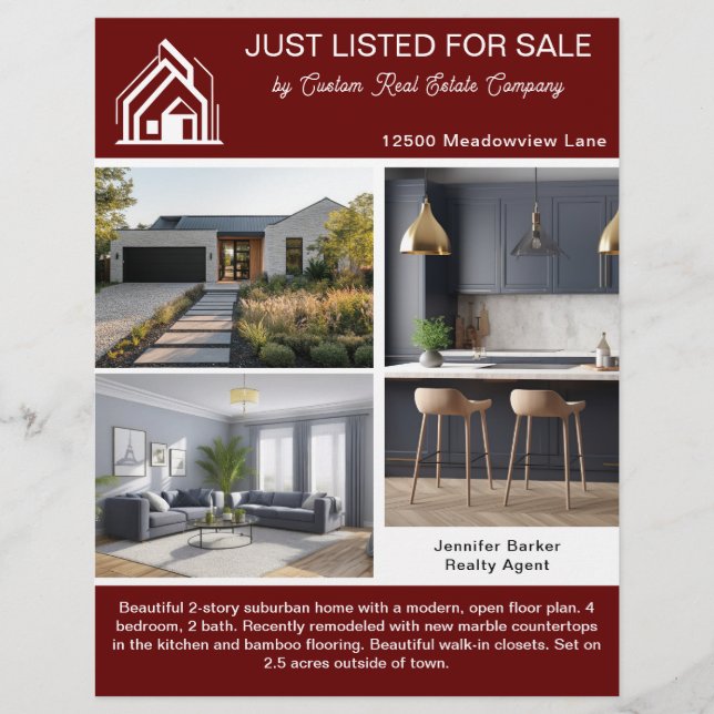 Flyer Chic Burgundy Real Estate Home Listing 2 Sided (Frente)