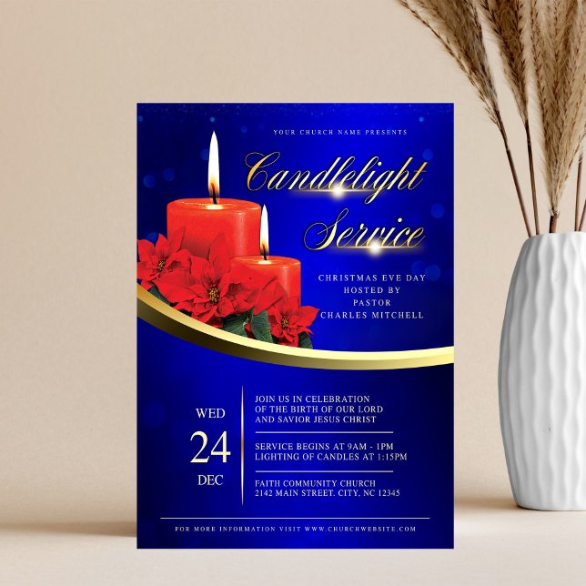 Flyer Christmas Candlelight Poinsettia Blue Church (Criador carregado)