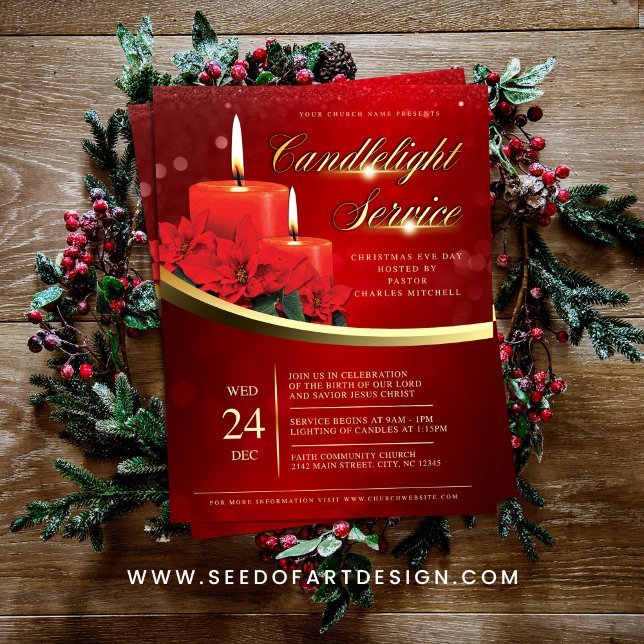 Flyer Christmas Candlelight Poinsettia Red Church (Criador carregado)