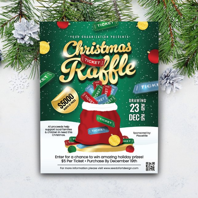 Flyer Christmas Raffle Green & Gold Holiday Ticket Sack  (Criador carregado)