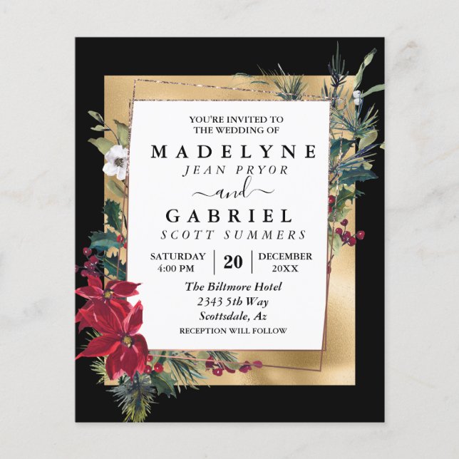 Flyer Christmas Winter Elegant Poinsettia Gold Wedding (Frente)