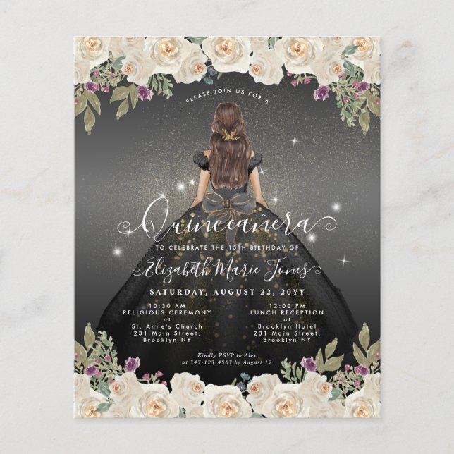 Flyer Cinza Negra Floral Barata Princesa Quinceanera Dou (Frente)