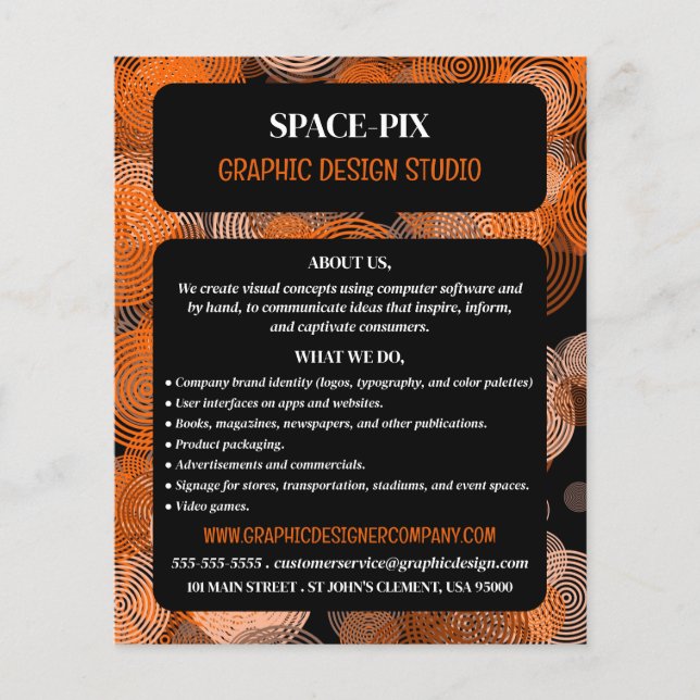 Flyer Círculos Gráficos Laranja, Anúncio do Designer Grá (Frente)