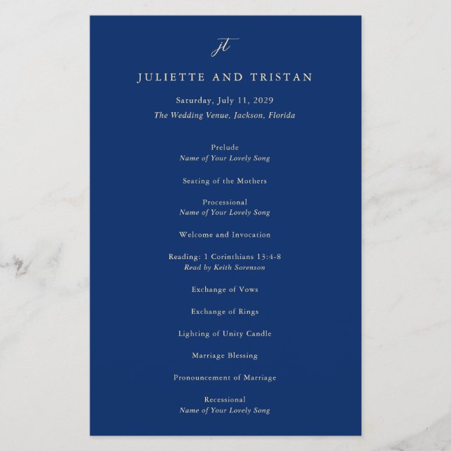 Flyer Classic Navy and Cream Elegant Wedding Program (Frente)