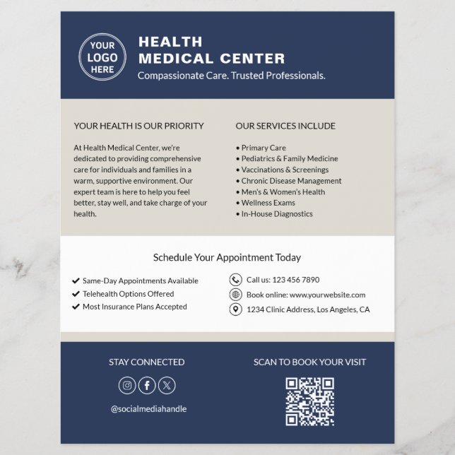 Flyer Clínica de Saúde Logo Personalizado Código QR Médi (Frente)