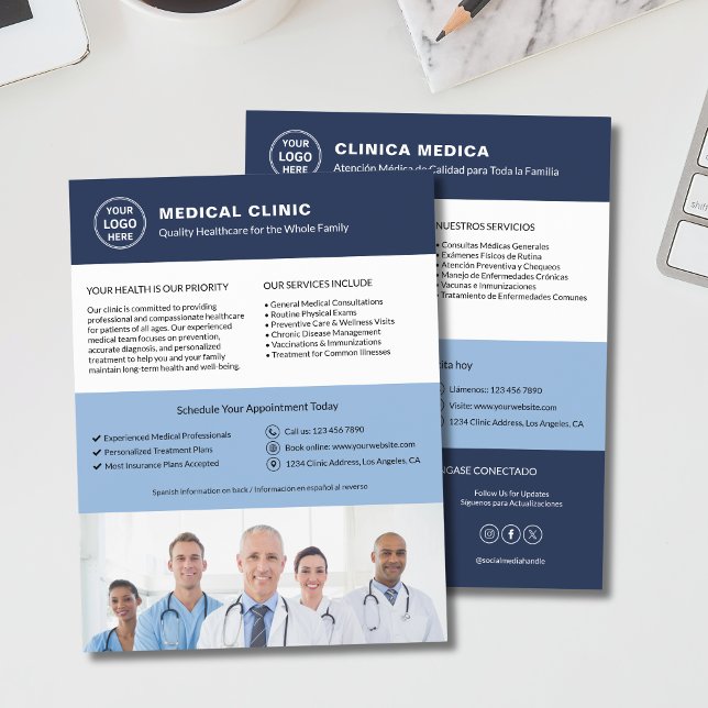 Flyer Clínica Médica Bilíngue | Inglês Espanhol (Bilingual Medical Clinic English Spanish Flyer)