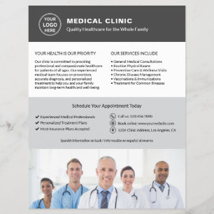 Flyer Clínica Médica Bilíngue   Inglês Espanhol Cinza