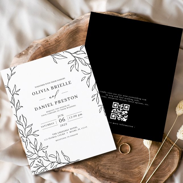 Flyer Código QR Casamento Mínimo de Folha Preto e Branco (Criador carregado)