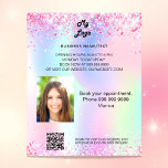 Flyer Código qr da foto de cintilação rosa holográfica<br><div class="desc">Personalize e adicione o logotipo,  nome,  endereço,  texto,  foto,  seu próprio código QR ao seu site. Cor-de-rosa púrpura,  ouro rosa,  verde-menta,  fundo holográfico decorado com faíscas de brilho.</div>