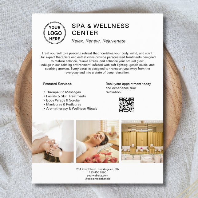 Flyer Código QR de Logo Personalizado Centro de Spa de B (Custom Logo QR Code Spa Wellness Center Business Flyer)