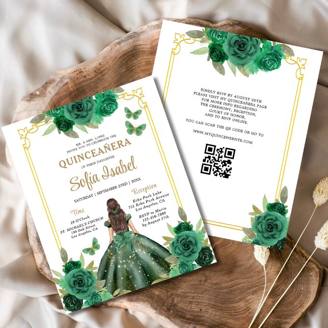 Flyer Código QR do Orçamento Quinceanera Emerald Green (Criador carregado)
