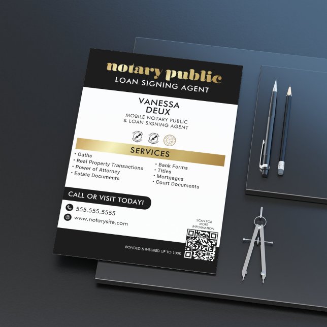 Flyer Código QR notarial Dourado e preto elegante profis (Criador carregado)