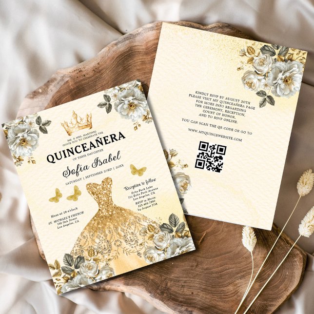 Flyer Código QR Orçamento Quinceanera Floral Dourada Pri (Criador carregado)
