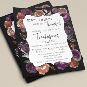 Flyer Comer Beber Agradecido Ação de Graças Floral Rosa
