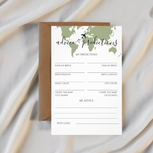 Flyer Conselhos e predições Viagem Chá de fraldas (advice + predictions cards baby shower world map)