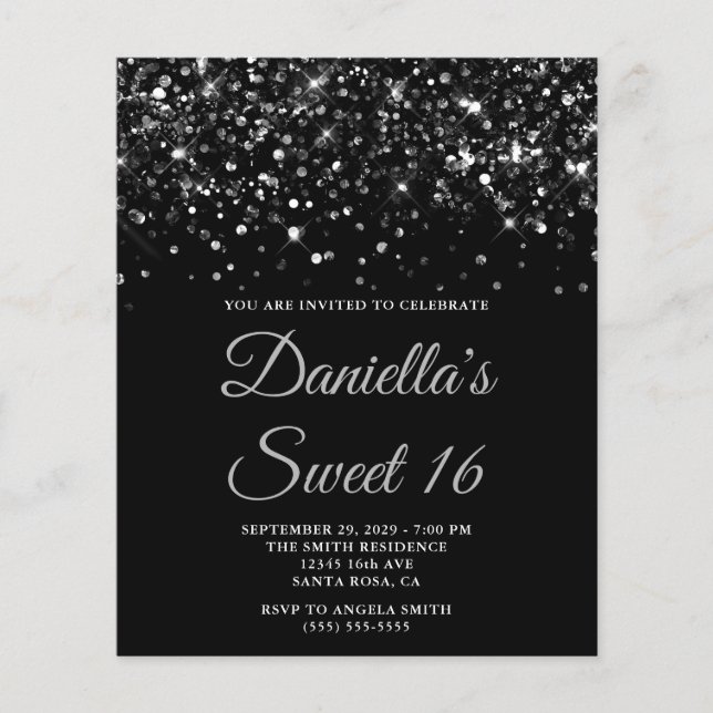 Flyer Convidado Glittery Black Sweet 16 (Frente)