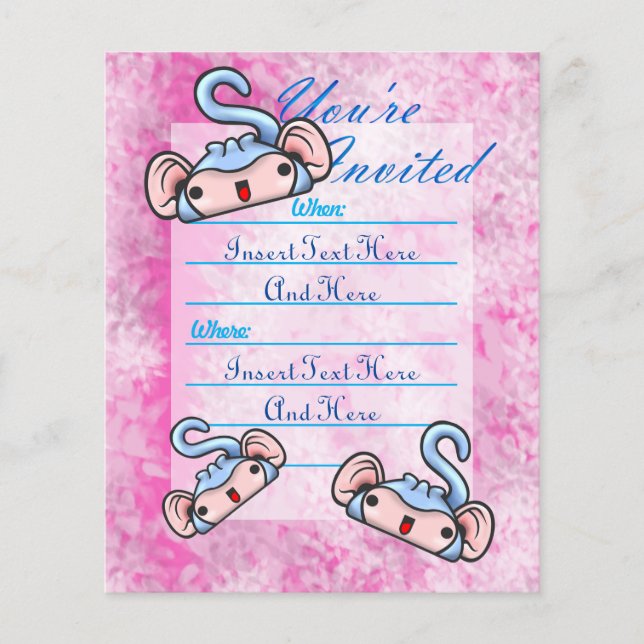 Flyer Convidar macacos sorridentes azuis personalizáveis (Frente)