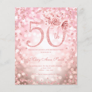 Flyer Convite à Luz de Aniversário para rosa Dourado Flo