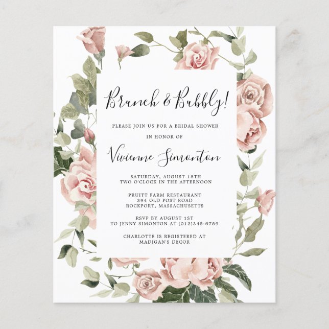 Flyer Convite Borbulhante para Brunch com Rosa Floral Ro (Frente)