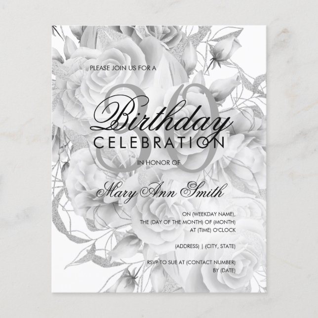Flyer Convite Branco de Prata Floral Elegante aniversári (Frente)