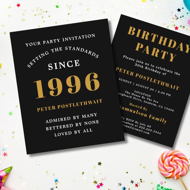 Flyer Convite de 30 anos de orçamento de 1996 Preto Dour (1996 birthday invitation budget flyer. White background.)