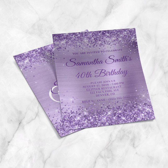 Flyer Convite de 40º Aniversário com Monograma em Folha  (Glittery Purple Foil Monogram 40th Birthday Invite Flyer)