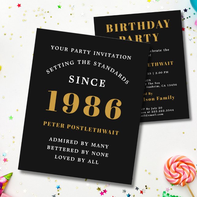 Flyer Convite de 40º Aniversário Orçamento de 1986 Preto (1986 budget birthday invitation. White background.)