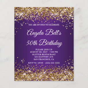 Flyer Convite de 50º Aniversário Dourado Brilhante Roxo 
