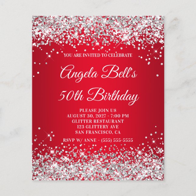 Flyer Convite de 50º Aniversário Vermelho Ombre com Bril (Frente)