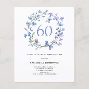 Flyer Convite de 60º aniversário floral azul orçamento