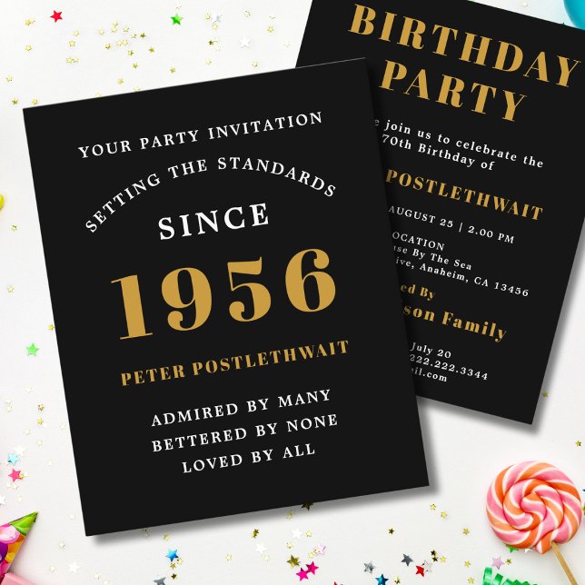 Flyer Convite de 70º Aniversário Orçamento de 1956 Preto (1956 birthday invitation budget flyer. White background.)