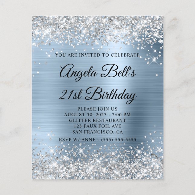 Flyer Convite de Aniversário de 21 Anos Azul Claro com B (Frente)