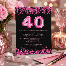 Flyer Convite de Aniversário de 40 Anos Preto e Rosa Gla