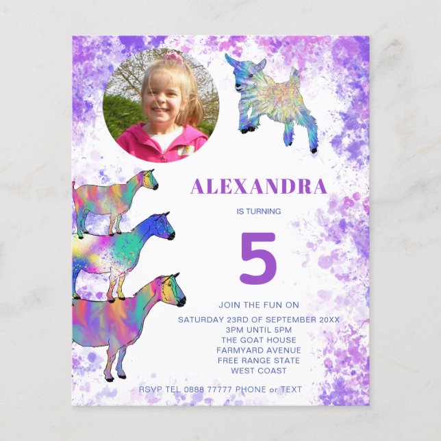 Flyer Convite de aniversário de 5 anos de cabras, roxo e (Frente)