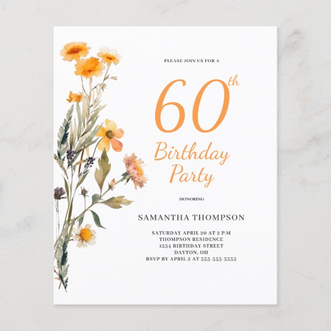 Flyer Convite de Aniversário de 60 anos com Flor Silvest (Frente)