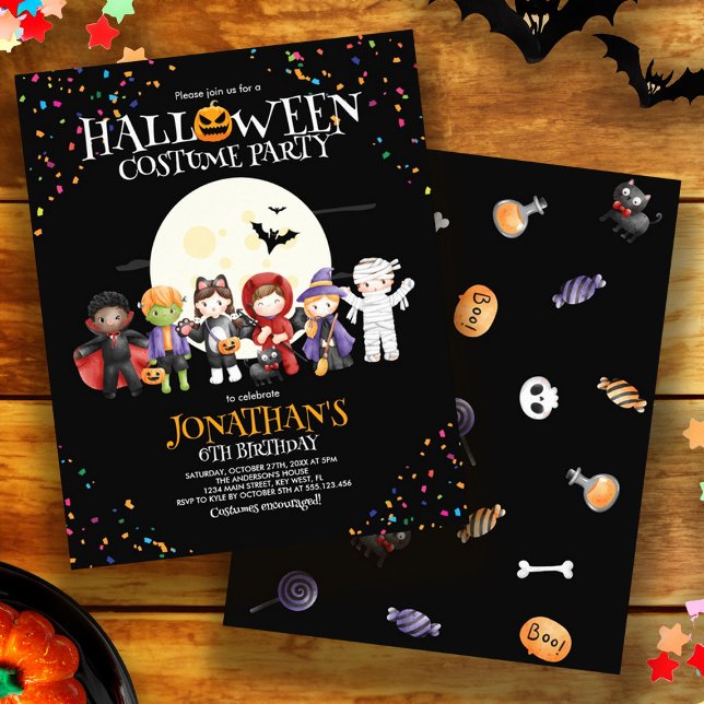 Flyer Convite de aniversário de Figuras de Halloween de  (Budget Halloween Kids Costume Birthday Party Invitation Flyer)